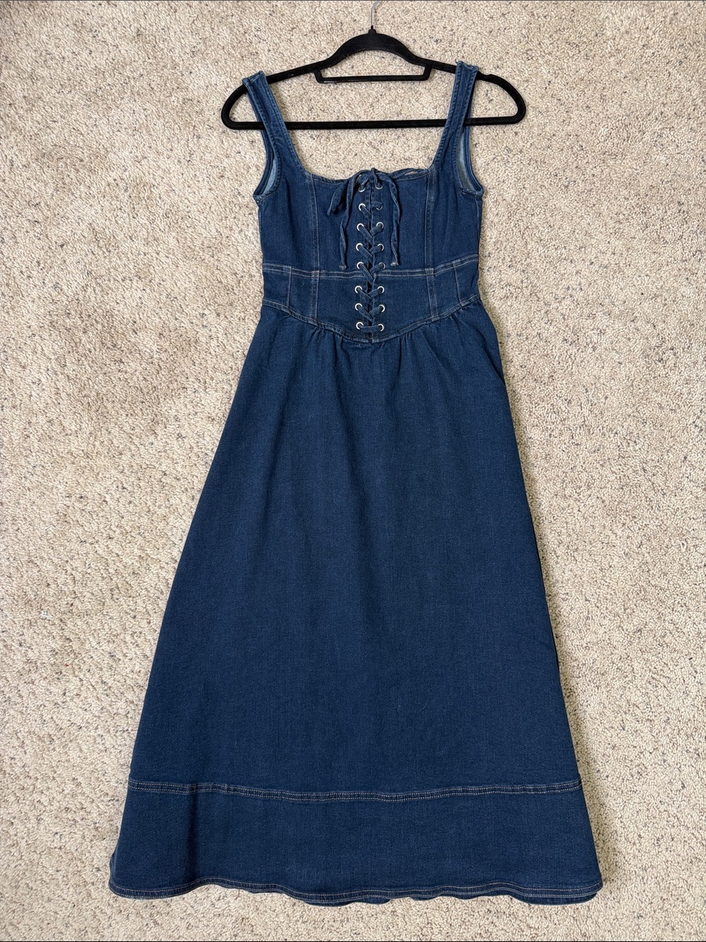 Moon River Navy Denim Maxi Dress with Lace-Up Bodice